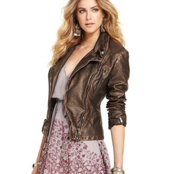 Y2K Free People Bronze Vegan Leather Asymmetrical Zip Moto Jacket | Streetwear - Picture 10 of 16